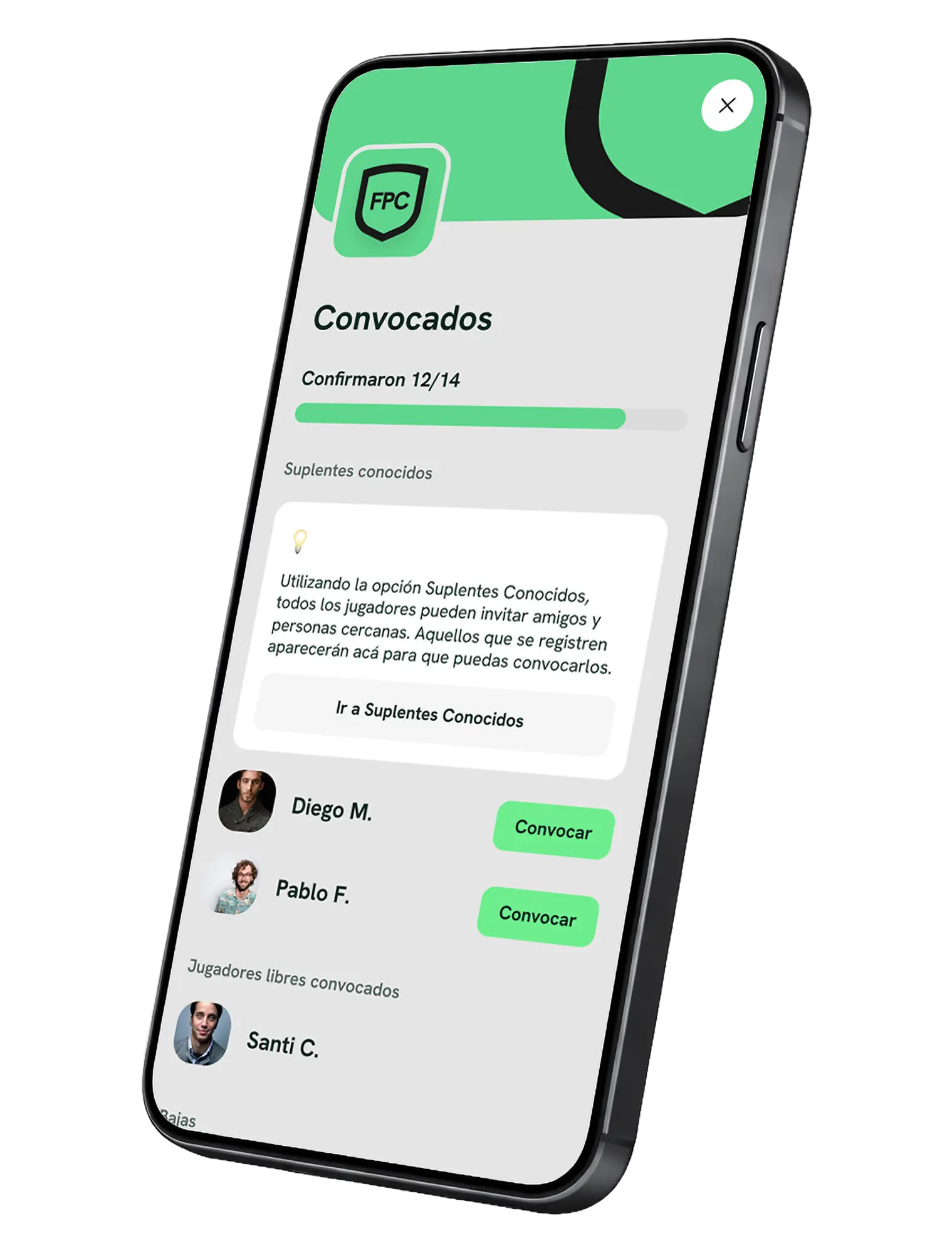 Pantalla de completar partido con jugadores libres